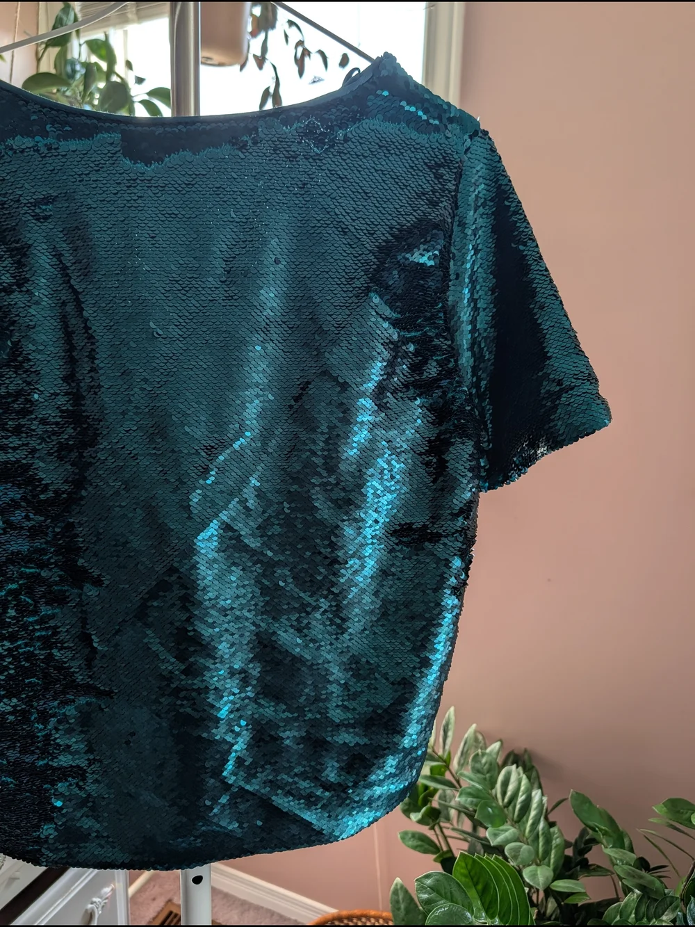 Zara Teal Sequin V-Neck Short Sleeve Top - Picture 4 of 7